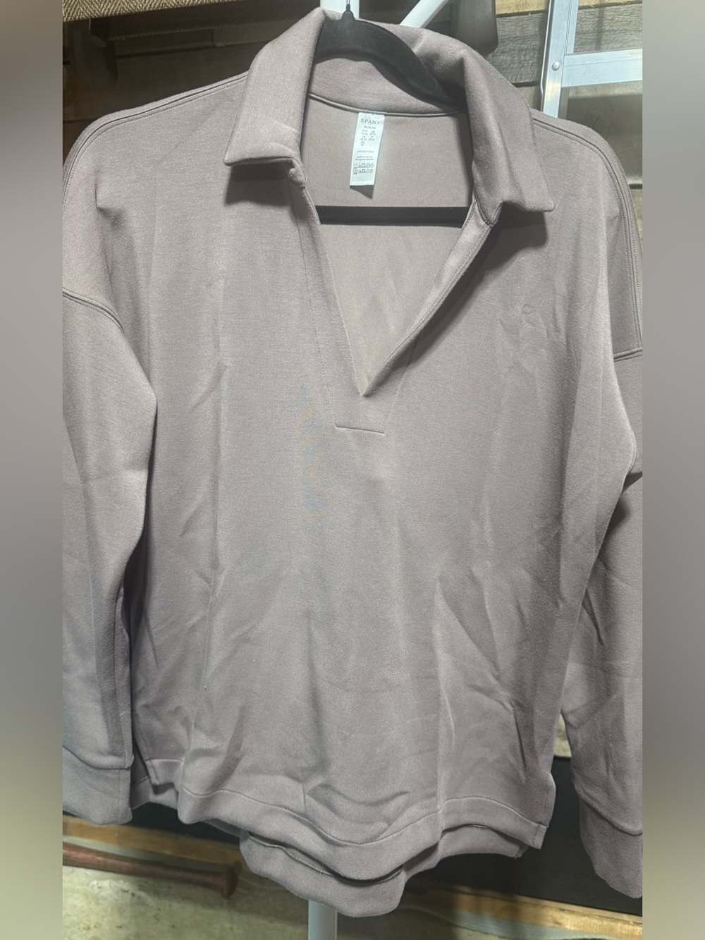 SPANX Relaxed V-Neck Open Collar Pullover in Taupe
